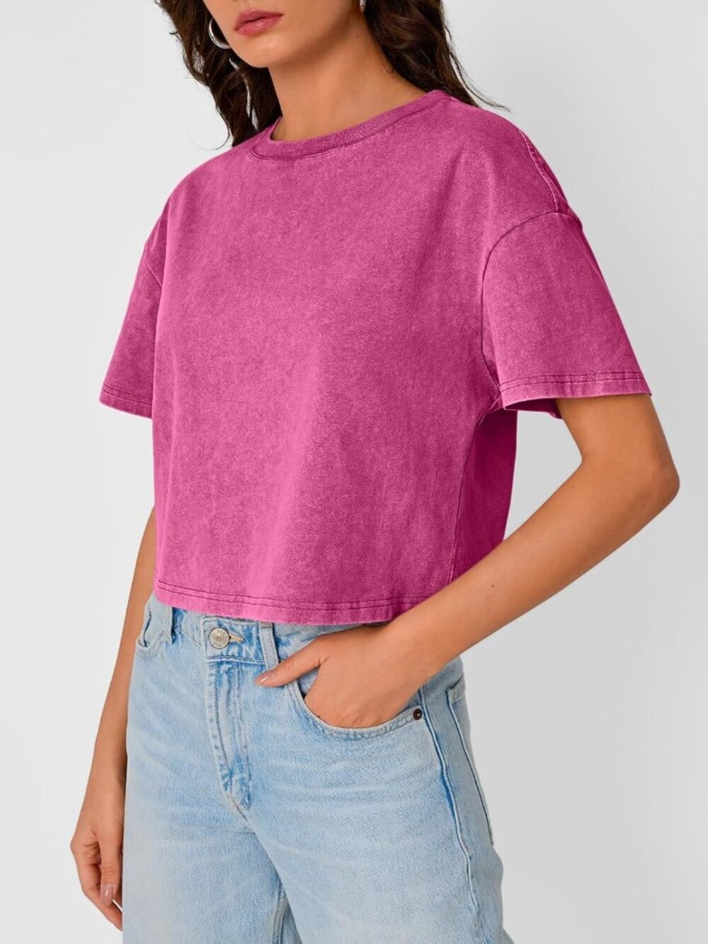 Women's Hot Pink Short Sleeve ACID Wash Casual Summer Baggy Cotton Crop Tops - Picture 3 of 5